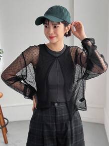 FRIFUL Women's Sheer Mesh Split Hem Shirt