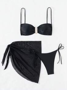 SHEIN Swim 女士纯色褶皱两件套比基尼套装夏季海滩 - 黑色 - 查看 3