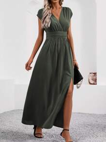 LanaWest Women's V-Neck Waist Ruched Slit Hem Dress Maxi Women Outfit - Army Green - View 5