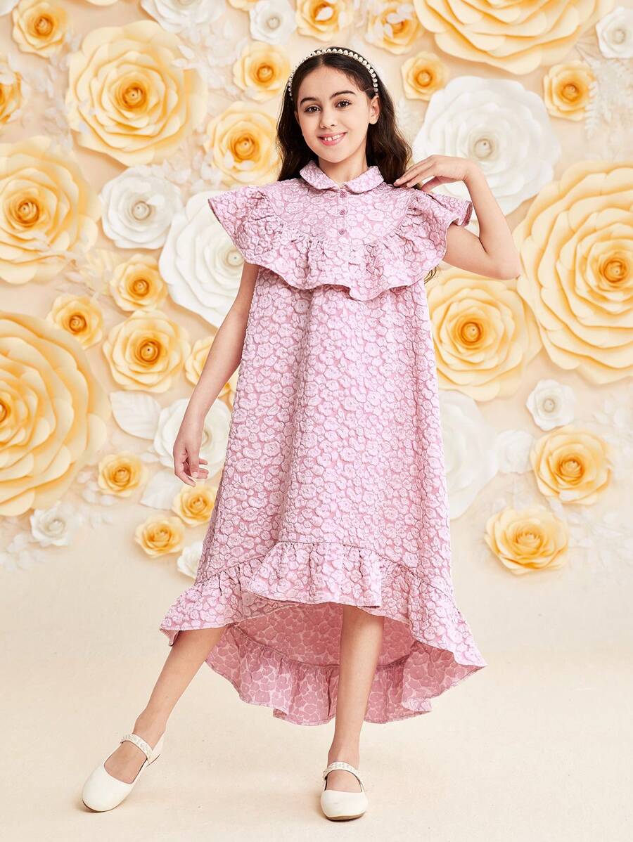 SHEIN Tween Girls' Loose Fit Lovely Jacquard Dress With Ruffled Collar And Hem - Pink - View 1