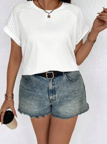 SHEIN LUNE Plus Size Contrast Mesh Design Round Neck Batwing Sleeve Summer T-Shirt - White - View 4