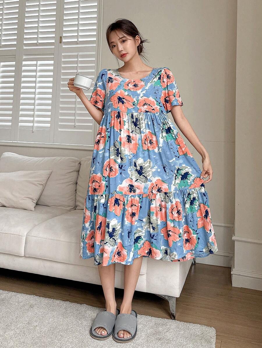 DAZY Đầm ngủ cổ tròn in hoa dành cho nữ - Màu xanh lam - Xem 1