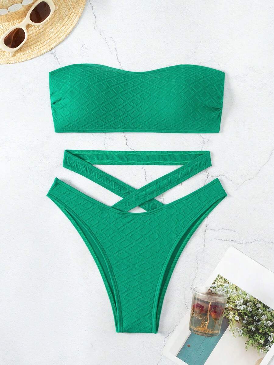 Bộ Bikini hai mảnh quây màu trơn dành cho nữ, vải đặc biệt đi biển mùa hè - màu xanh lá - Xem 1