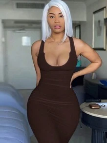 SHEIN Women's Solid Color Slim Fit Sleeveless Dress - Brown - View 3