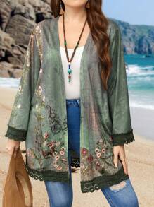EMERY ROSE Chaqueta De Talla Grande Con Cordones, Estampado Floral Con Espalda Abierta