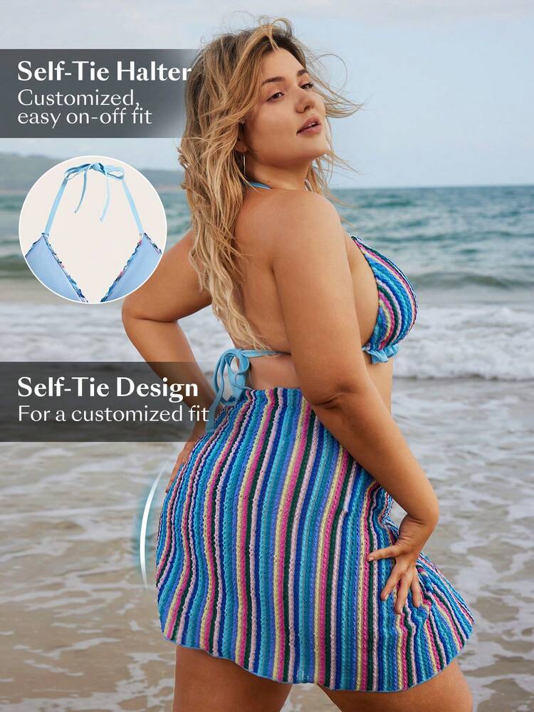 Plus Size Color Blocked Striped Swimwear Set, String Bikini Bikini Set Bathing Suit Beach Outfit GRANDPACORE Summer Vacation Bestie Matching Set