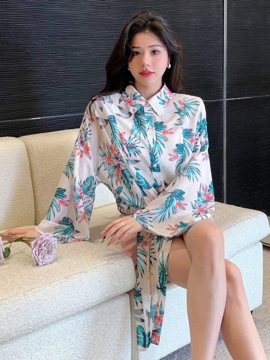 DAZY 女士长袖和服罩衫，热带植物印花，夏季度假装扮 - 綠色 - 查看 1