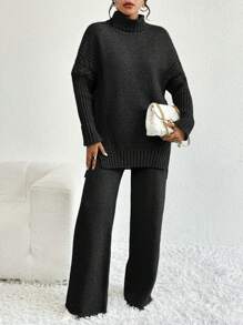 Firerie Turtleneck, Dropped Sleeves Sweater And Knitted Pants Two-Piece Set, Fall And Winter, Elegant, Black, Longsleeve, Highneck - Black - View 5