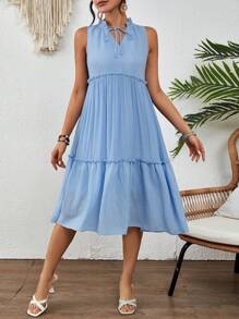 SHEIN VCAY Vestido Sólido Texturizado Con Cuello Alto Anudado Y Dobladillo Con Volantes - Azul - Ver 3