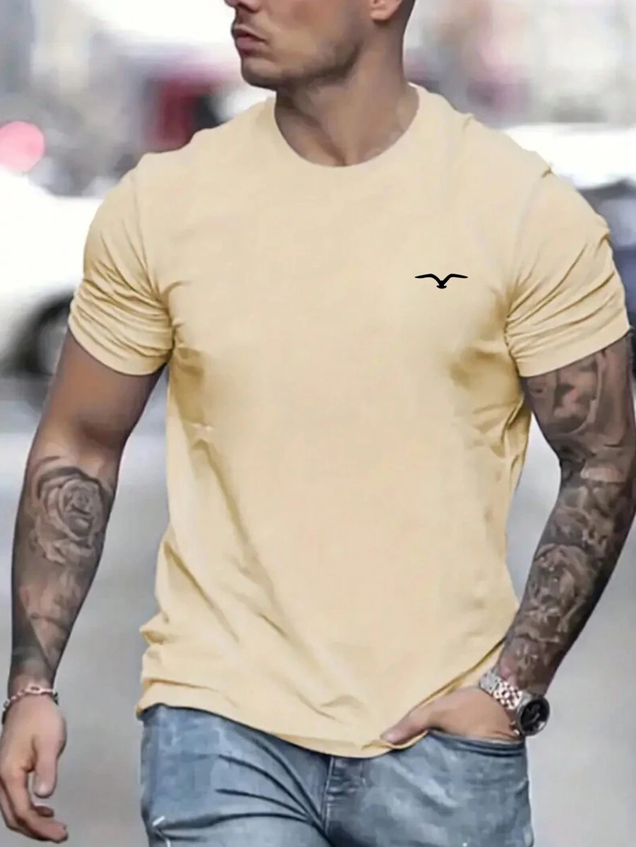 Men's Casual Seagull Print Short Sleeve T-Shirt, Summer - Apricot - View 1
