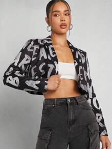 Denimoi Blazer corto de moda con estampado gráfico de letras en el cuello de solapa - Multicolor - Ver 8