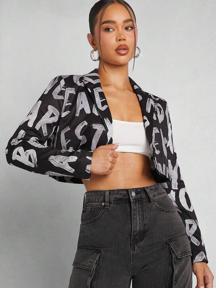 Letter Graphic Print Lapel Neck Fashion Crop Blazer