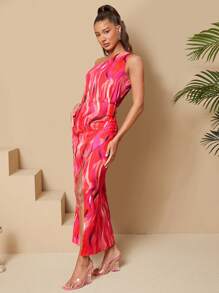 SHEIN Tall 全印花單肩開衩洋裝，適合高個女性 - 彩色 - 查看 6