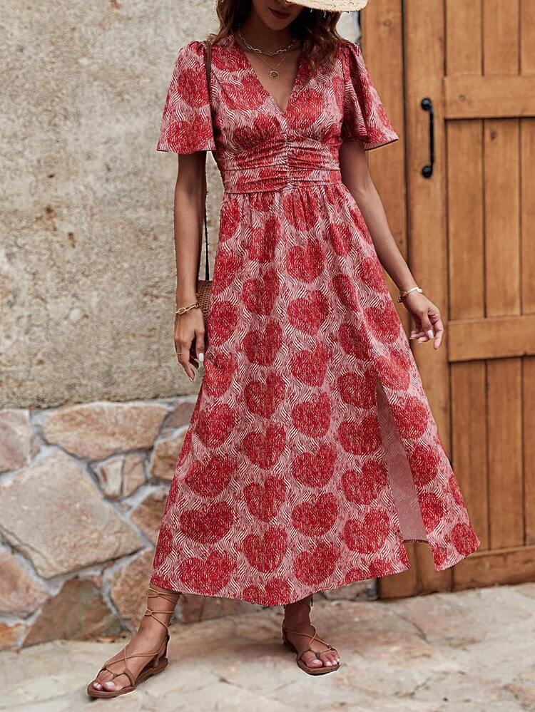Boho Print Long Dress, Sundress, Short Sleeve, High Split, Ruched Waistband Christmas Summer New Year Vacation Flower Red Beach