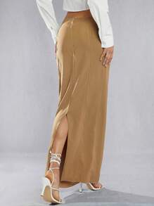 SHEIN Unity Chân váy Maxi xẻ tà cạp thấp - Màu be - Xem 2