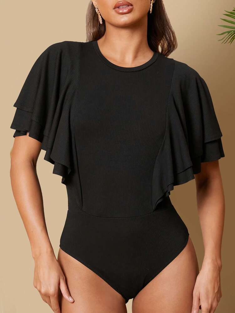 Solid Color Ruffle Sleeve Slim Fit Bodysuit