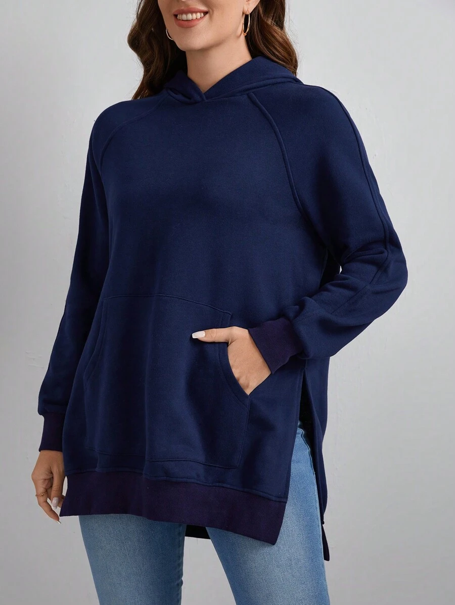 SHEIN LUNE 女款純色連帽開叉下擺運動衫 - 藏蓝色 - 查看 1