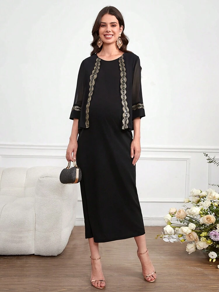 Maternity Knit Patchwork Round Neck 2 In 1 Dress