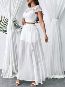 SHEIN Privé Của phụ nữ Ren Áo thun Và Bông tuyết Chiffon Váy chữ A Trắng 2 Miếng Bộ Cho đám cưới Mùa Và Thanh lịch Kỳ nghỉ - trắng - Xem 4