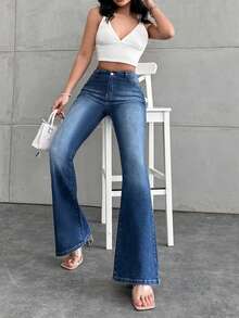Washed Cat Whisker Flare Jeans With Slant Pockets - Medium Wash - View 2