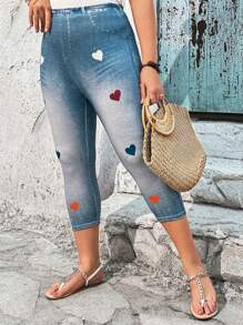 EMERY ROSE 大尺碼女士心形印花牛仔裝款3/4長度打底褲 - 藍色 - 查看 5