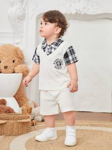 Baby Boys' Summer New Arrival 2 In 1 Plaid Shirt Shorts Set, 2pcs - Beige - View 4