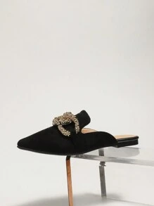 2025 Autumn Women's Elegant Spring/Summer Flat Pointed Black Suede Mule Sandals With Large Metal Buckle - Black - View 3