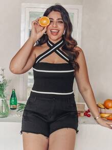 Franclia Top De Punto Acanalado De Talla Grande Con Diseño De Bloque De Color, Hueco En La Parte Superior Con Cuello Halter