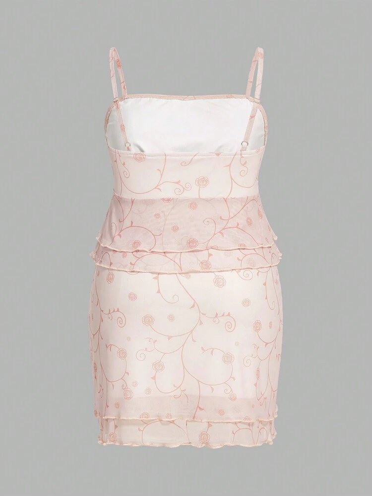 Plus Size Floral Mesh Cami Top And Pleated Skirt Set, Girly And Soft