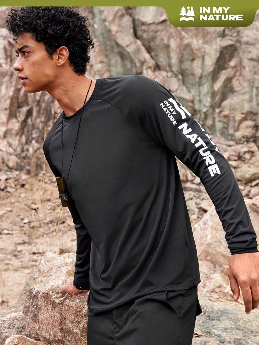 SHEIN In My Nature 男士戶外對比色字母印花T恤，登山服