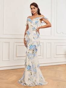 SHEIN Belle 浪漫雪紡露肩花卉印花層疊荷葉邊人魚晚會禮服 - 彩色 - 查看 4