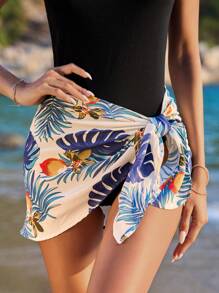 SHEIN VCAY Multi-Item Vacation Solid Color Waistband & Printed Wrap Sarong Skirt - Multicolor - View 7