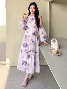 DAZY Tie Dye Open Shoulder Loose Fit Casual Dress Sundress,Fall Clothes Long Sleeve Dress Vacation Outfits Women Boho - Beige - View 8