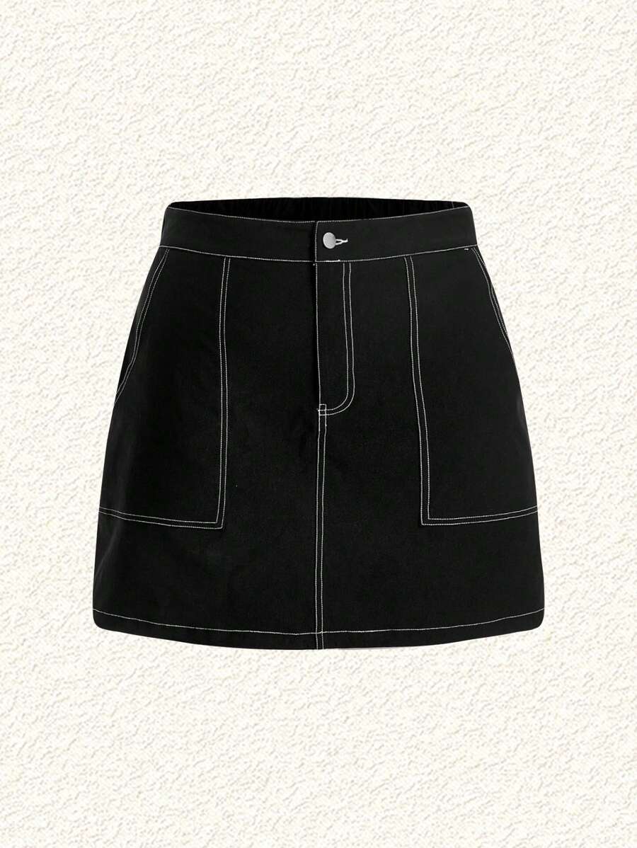 SHEIN EZwear 大码撞色拼接半身裙 - 黑色 - 查看 1