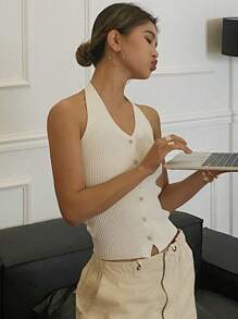 Livesso 纯色修身吊带针织上衣 夏季 - 白色 - 查看 7