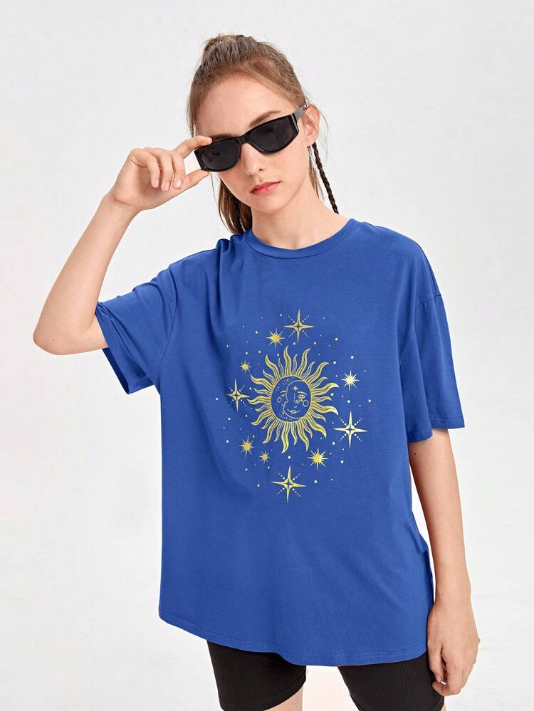 Teen Girl Knitted Sun Pattern Printed Loose Fit Casual Short Sleeve T-Shirt