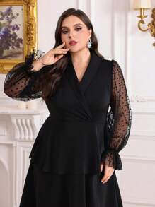 Modelyn Plus Size Women's Polka Dot Contrast Mesh Bishop Sleeve Long Summer Dress Long Evening Dresses