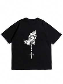 Men's Prayer Hand Gesture & Cross Print Short Sleeve T-Shirt - Black - View 5