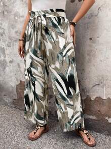 SHEIN LUNE 大尺寸植物印花寬腿褲,夏季沙灘必備 - 綠色 - 查看 4