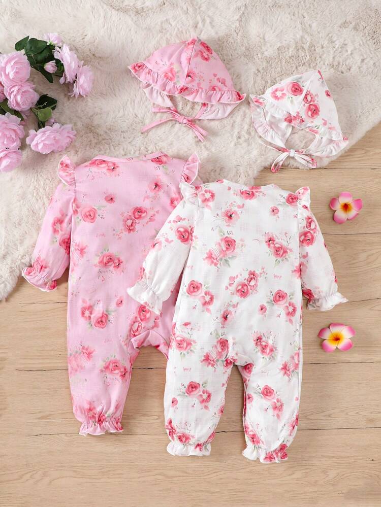 Baby Girl 2pcs Simple & Floral Printed Long Sleeve Jumpsuit With 2 Hats Combination Home Wear
