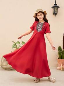 SHEIN Tween Girls' Cute Vacation Style Geometric Print Patchwork Round Neck Dress - Red - View 3