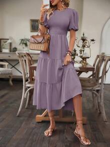 Breezaya 女士纯色泡泡袖裹身裙超长度假海滩装 - 淺灰紫 - 查看 6