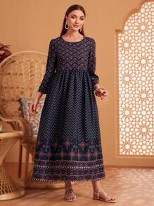 Seusyu Vestido De Patchwork Con Estampado Geométrico - Azul Marino - Ver 5