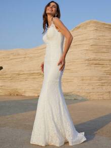 1 件女士 V 领无袖蕾丝鱼尾下摆婚纱 - 米色 - 查看 3