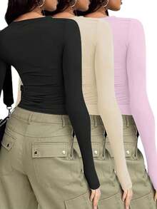 3 件套女士圆领长袖纯色 T 恤，修身休闲套头衫，春秋季 - 彩色 - 查看 5