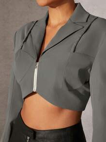 SHEIN Unity Cami Overlay Zip Up Crop Blazer - Grey - View 7