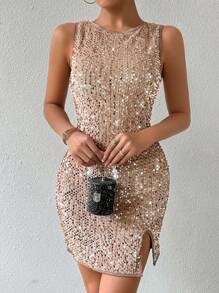 SHEIN ChicEase Của phụ nữ Lấp lánh Không lưng Tách Váy bodycon - Cà phê - Xem 4