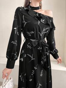 Modelyn 女式不对称领口植物印花长袖连衣裙长款女装 - 黑色 - 查看 4