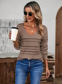 SHEIN LUNE Mẫu sọc Thả vai Áo len - màu nâu - Xem 3