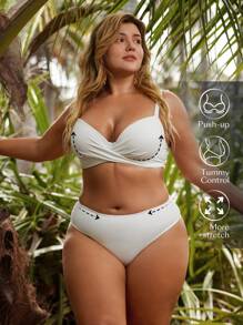 SHEIN Swim Curve Plus Size Women's Solid Color Crossed Bikini Set Summer Beach - White - View 1